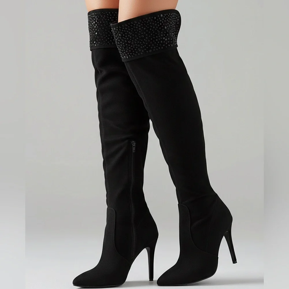 ABS Allen Schwartz Maraeah studded suede over the knee thigh high black boots 10